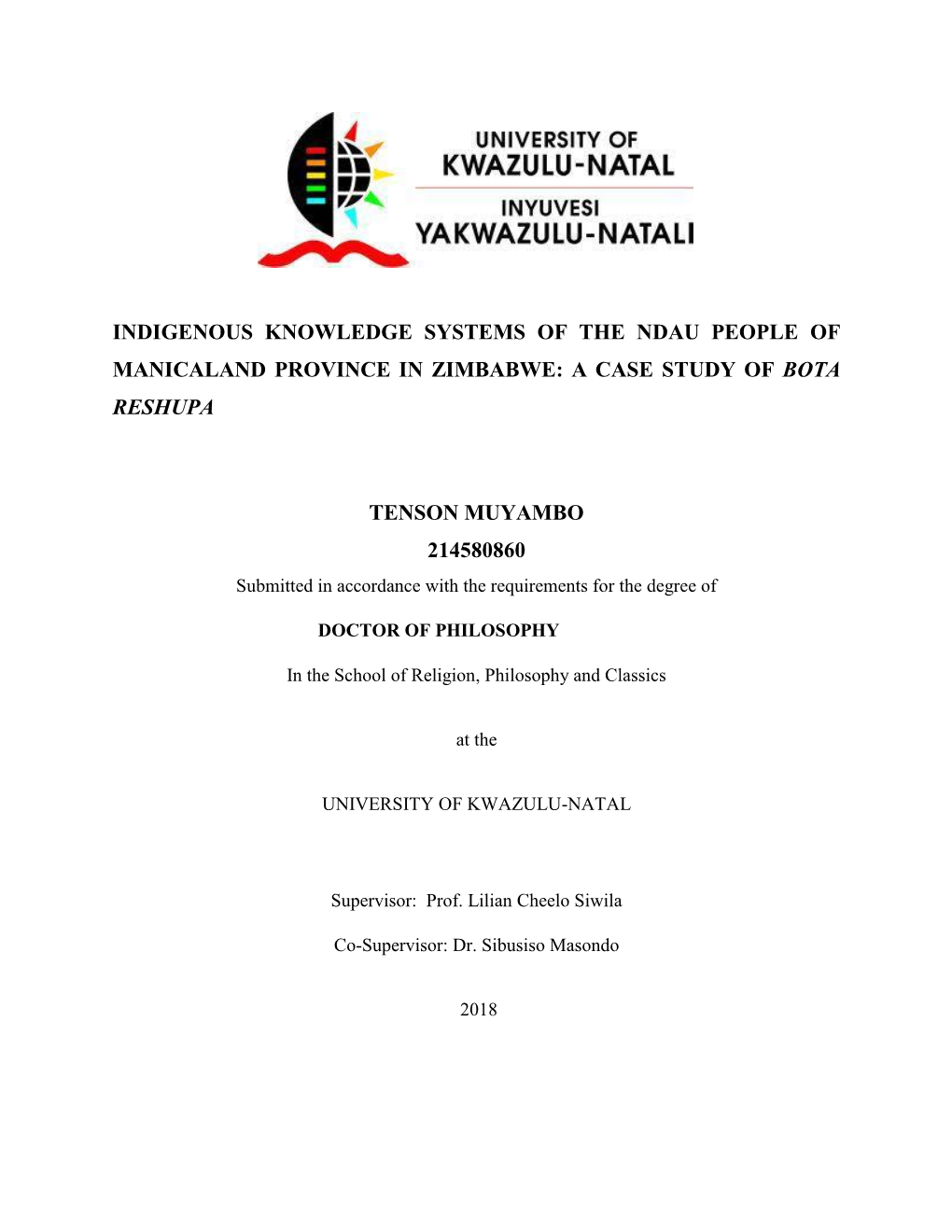 Indigenous Knowledge Systems of the Ndau People of Manicaland Province in Zimbabwe: a Case Study of Bota Reshupa