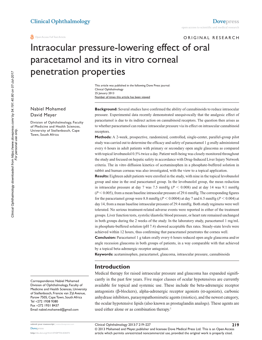 Intraocular Pressure-Lowering Effect of Oral Paracetamol and Its in Vitro Corneal Penetration Properties