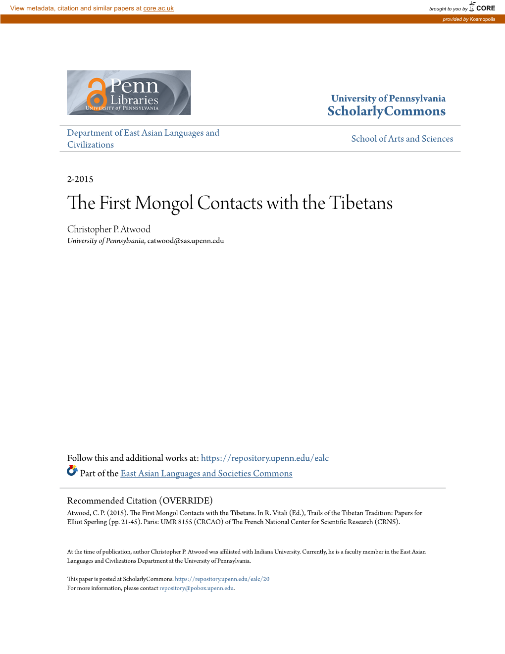The First Mongol Contacts with the Tibetans1