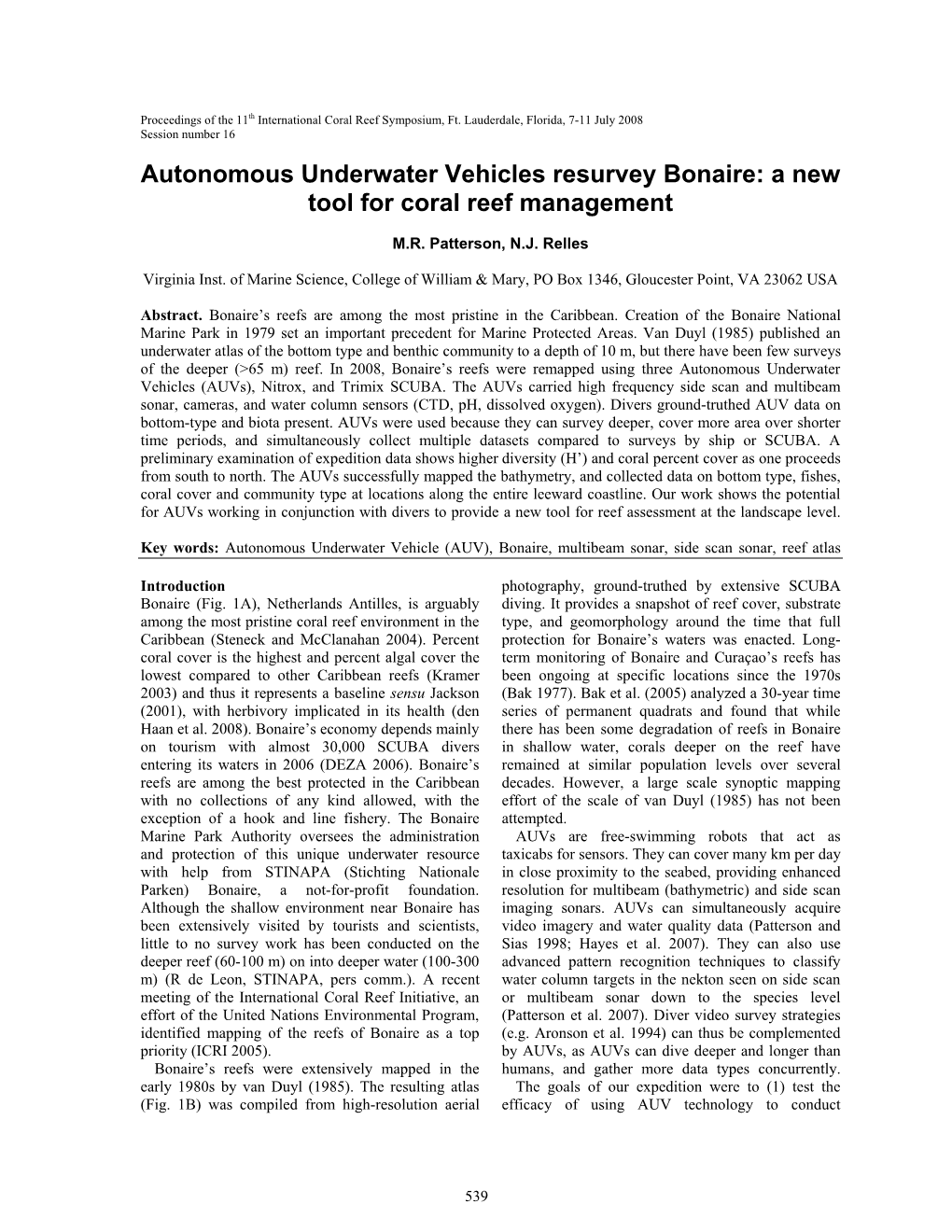 Autonomous Underwater Vehicles Resurvey Bonaire: a New Tool for Coral Reef Management