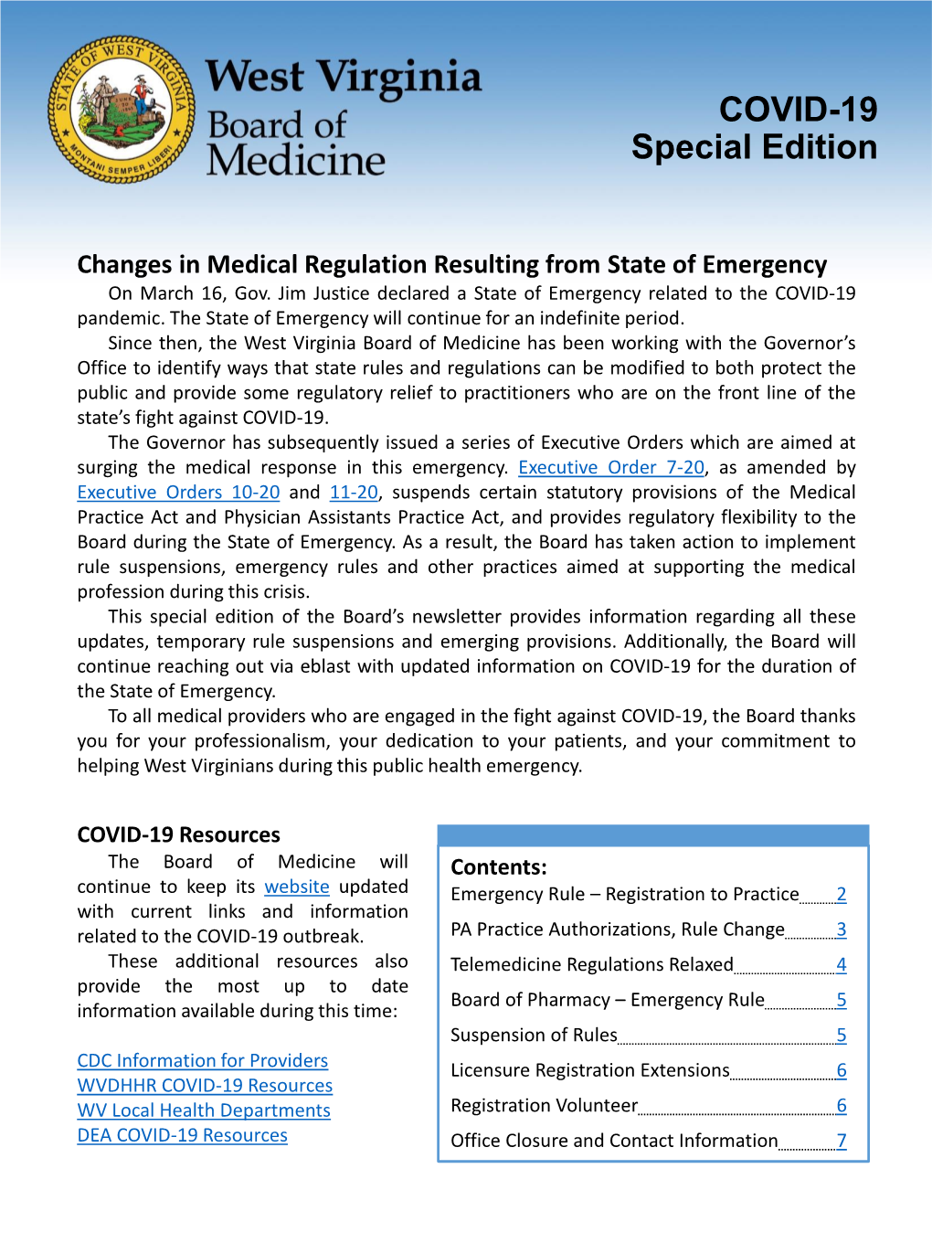 West Virginia Board of Medicine COVID-19 Special Edition Newsletter