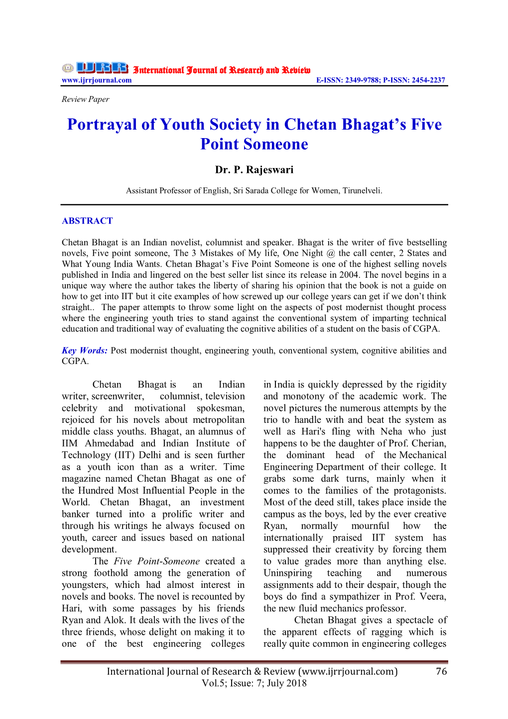 Portrayal of Youth Society in Chetan Bhagat's Five Point Someone