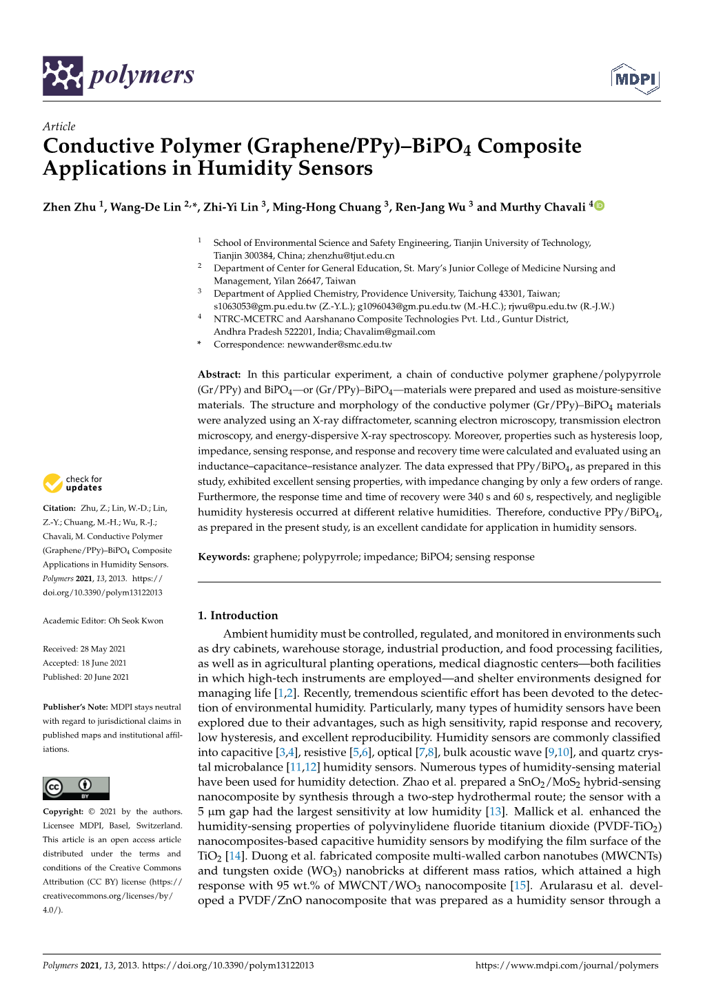 Conductive Polymer (Graphene/Ppy)–Bipo4 Composite Applications in Humidity Sensors