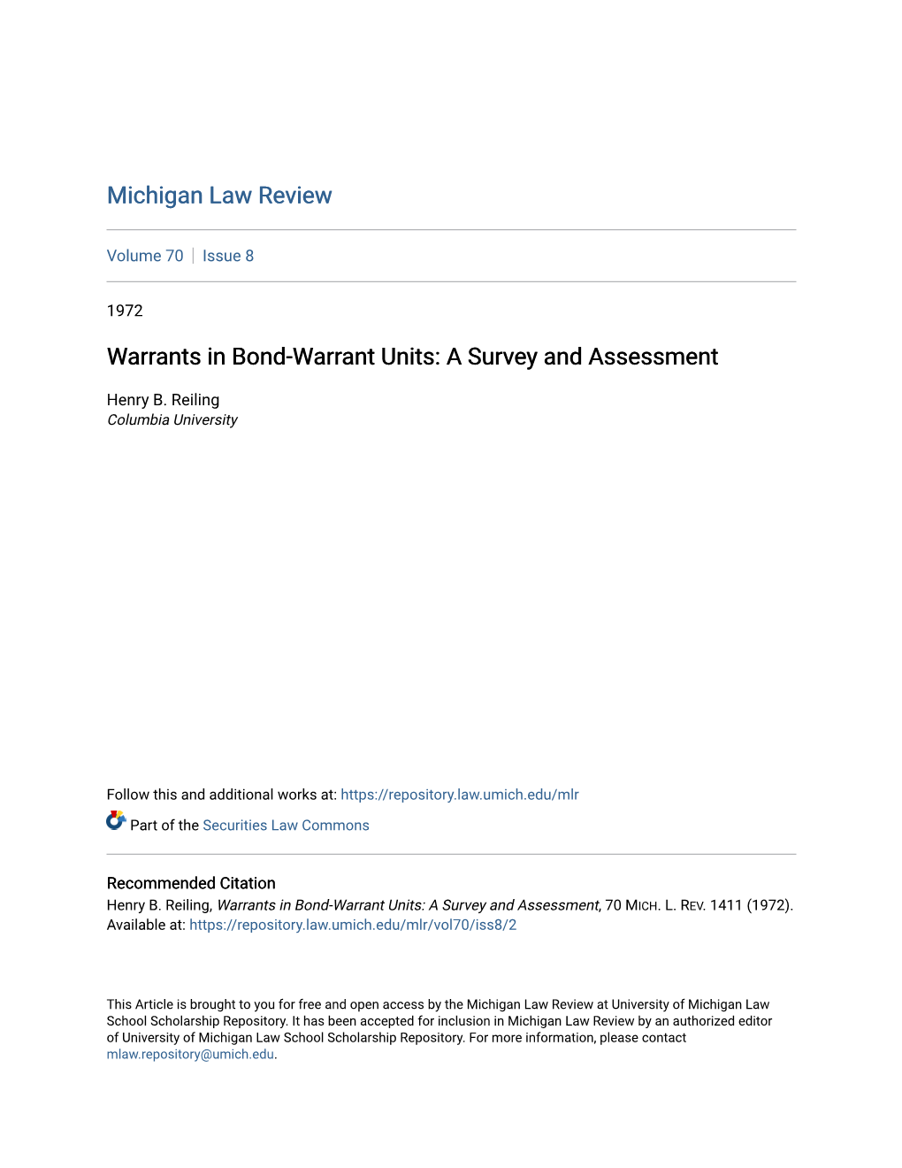 Warrants in Bond-Warrant Units: a Survey and Assessment