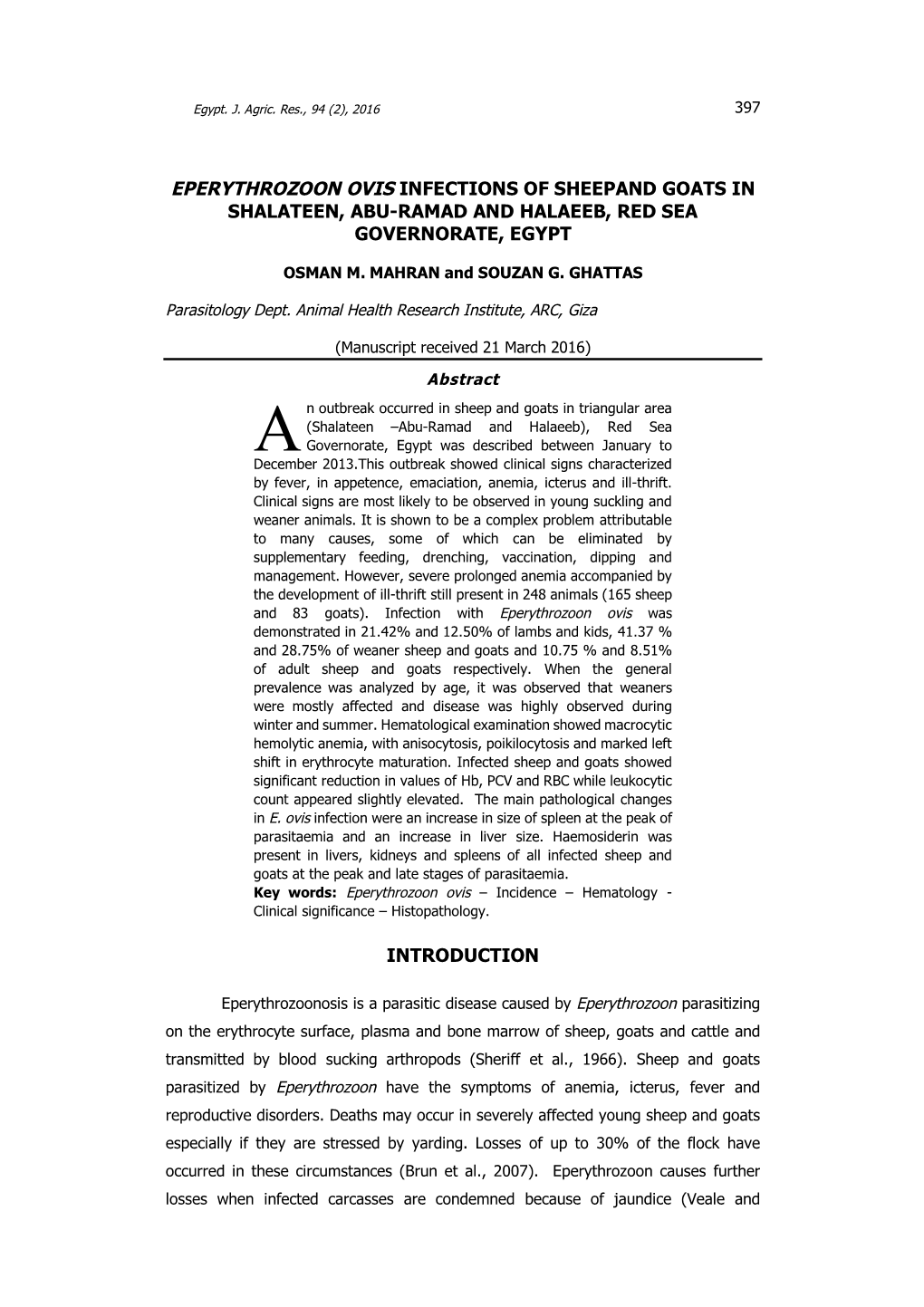 Eperythrozoon Ovis Infections of Sheepand Goats in Shalateen, Abu-Ramad and Halaeeb, Red Sea Governorate, Egypt