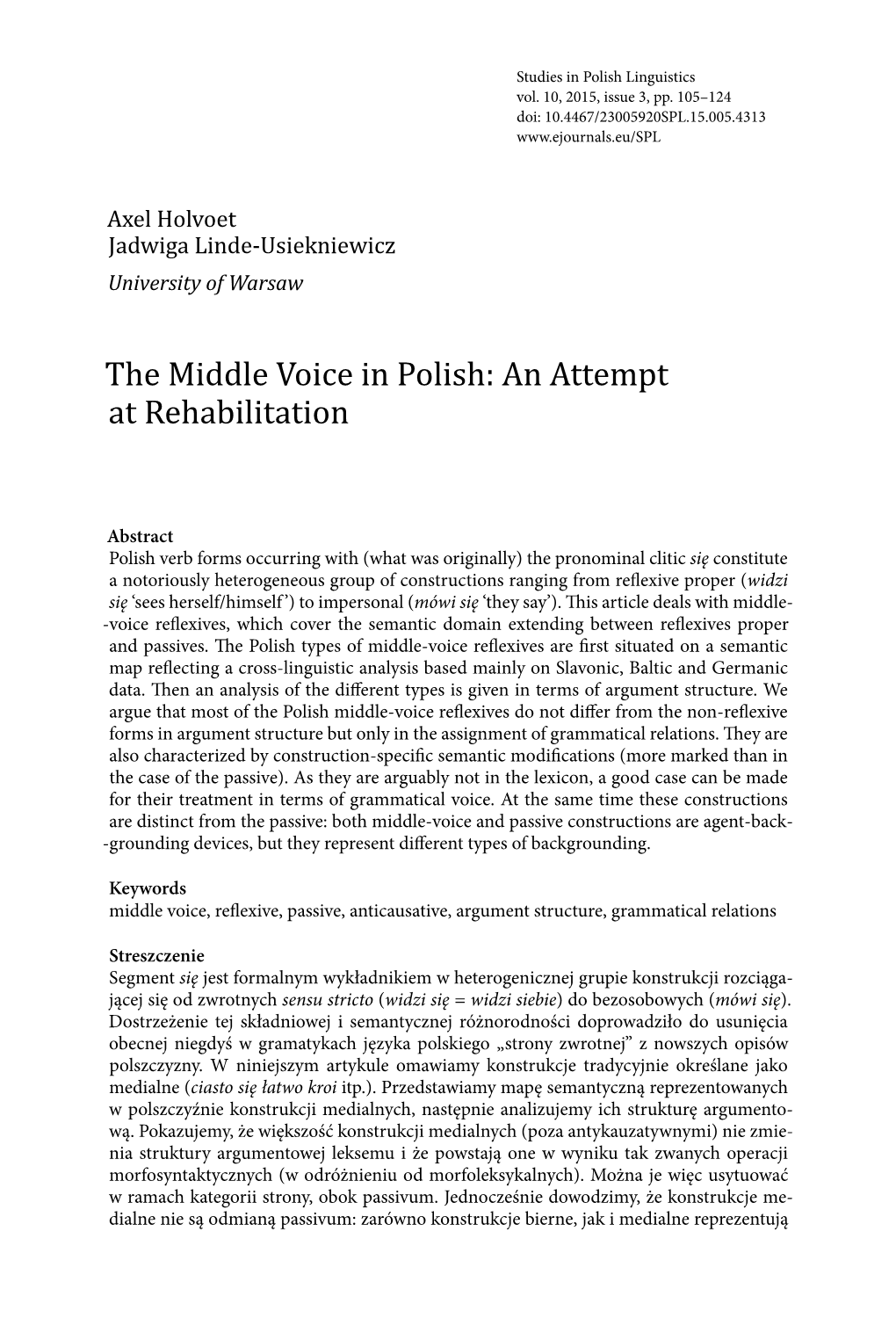 The Middle Voice in Polish: an Attempt at Rehabilitation