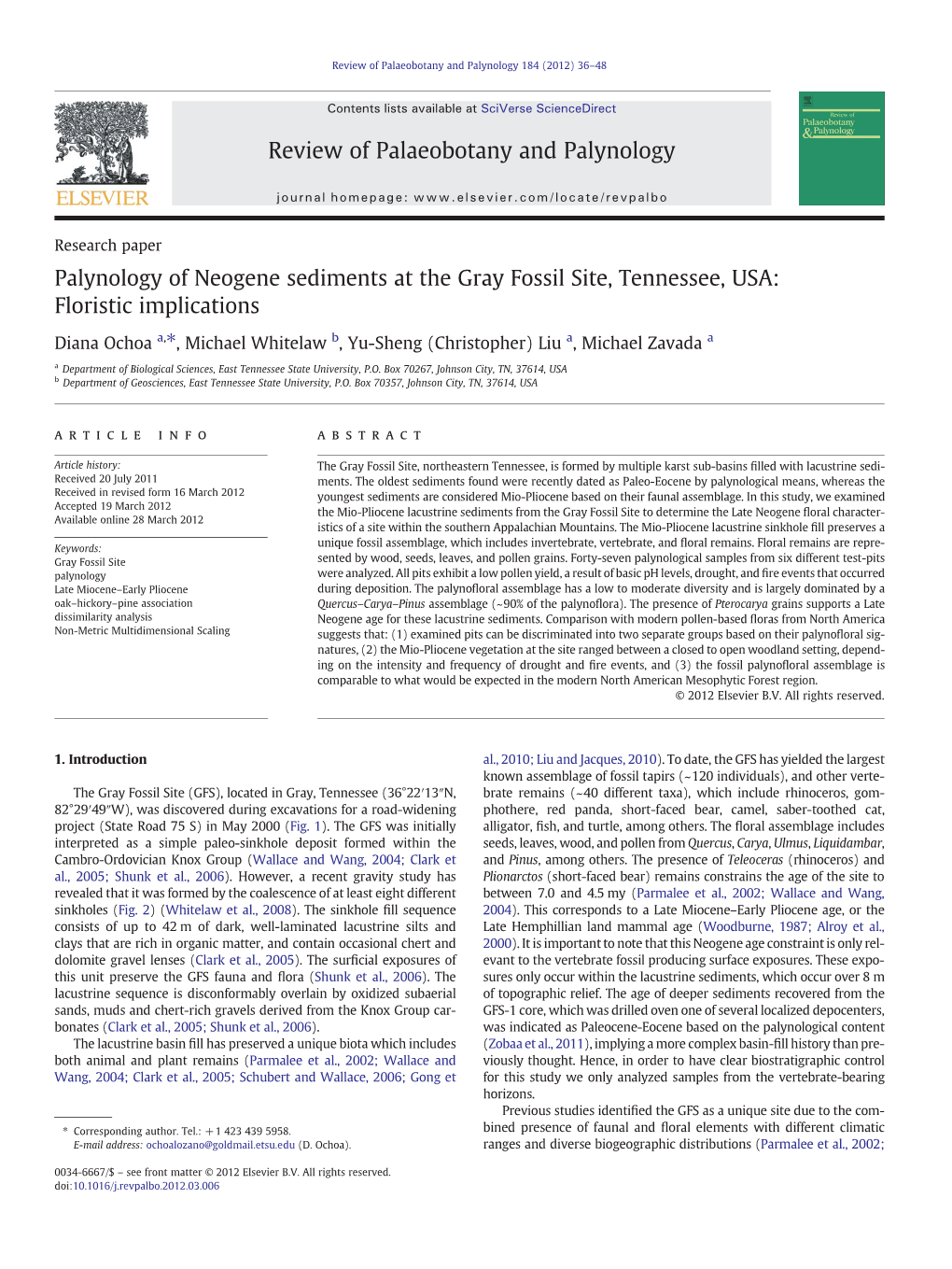 Palynology of Neogene Sediments at the Gray Fossil Site, Tennessee, USA: Floristic Implications