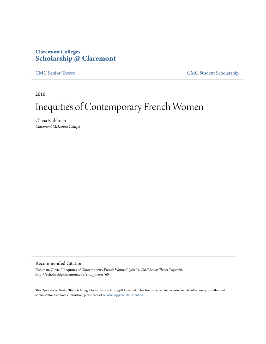 Inequities of Contemporary French Women Olivia Kuhlman Claremont Mckenna College