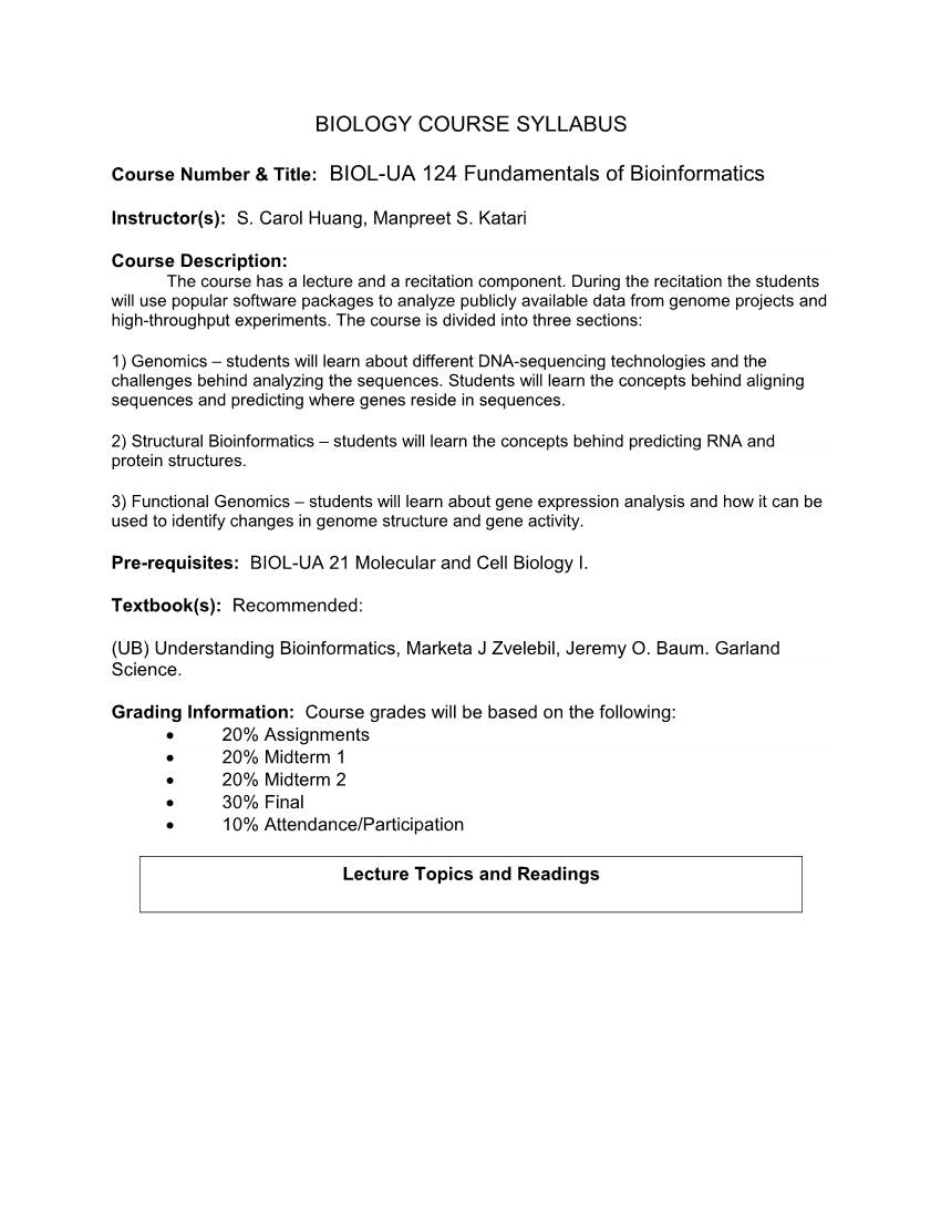 Syllabus BIOL-UA 124 Fundamentals of Bioinformatics