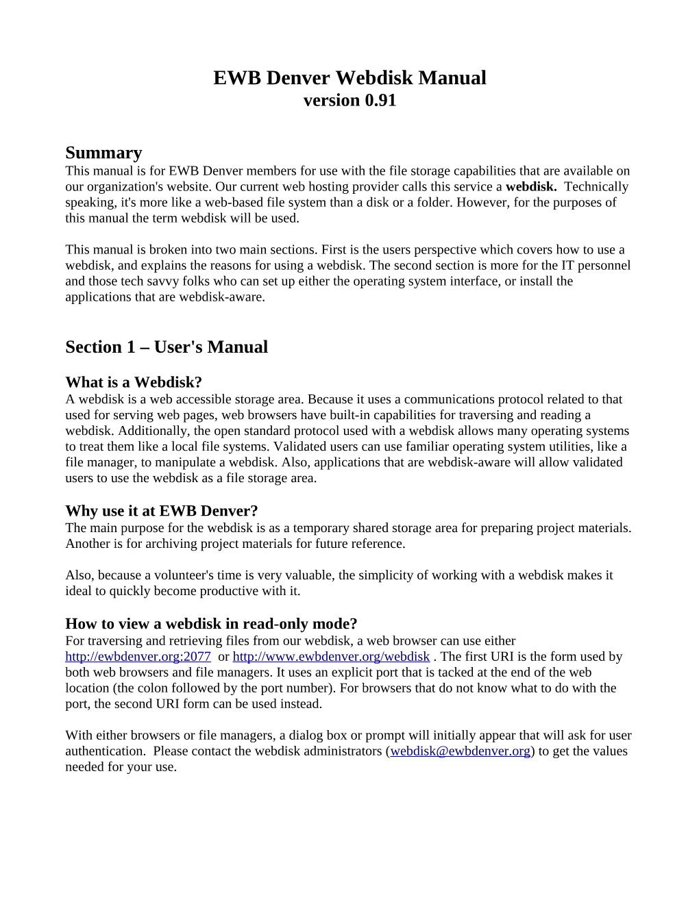 EWB Denver Webdisk Manual Version 0.91
