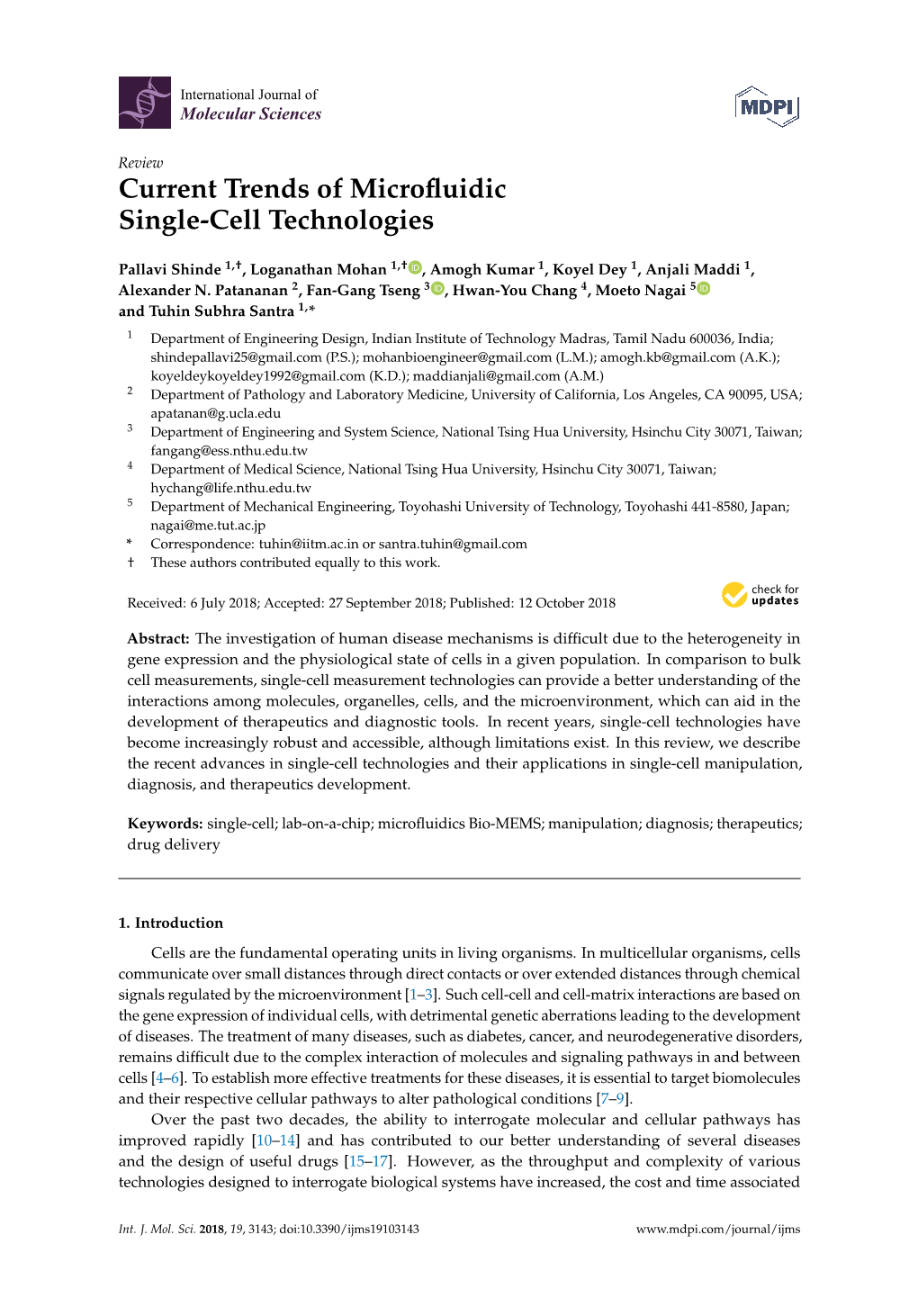 Current Trends of Microfluidic Single-Cell Technologies