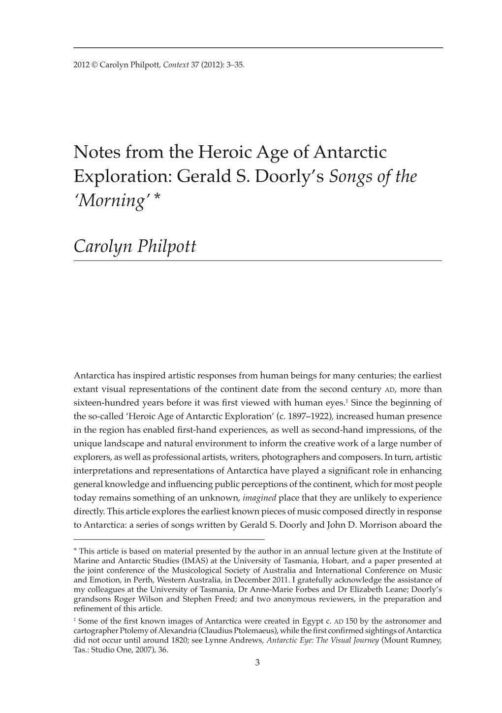 Notes from the Heroic Age of Antarctic Exploration: Gerald S. Doorly's Songs of the 'Morning' * Carolyn Philpott