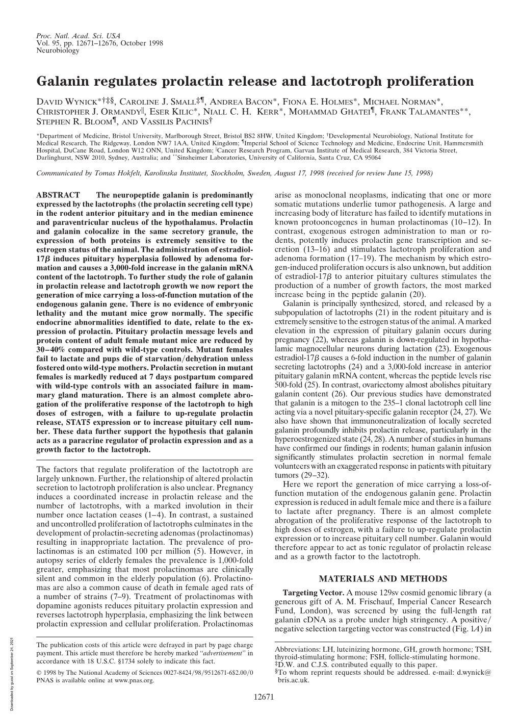 Galanin Regulates Prolactin Release and Lactotroph Proliferation