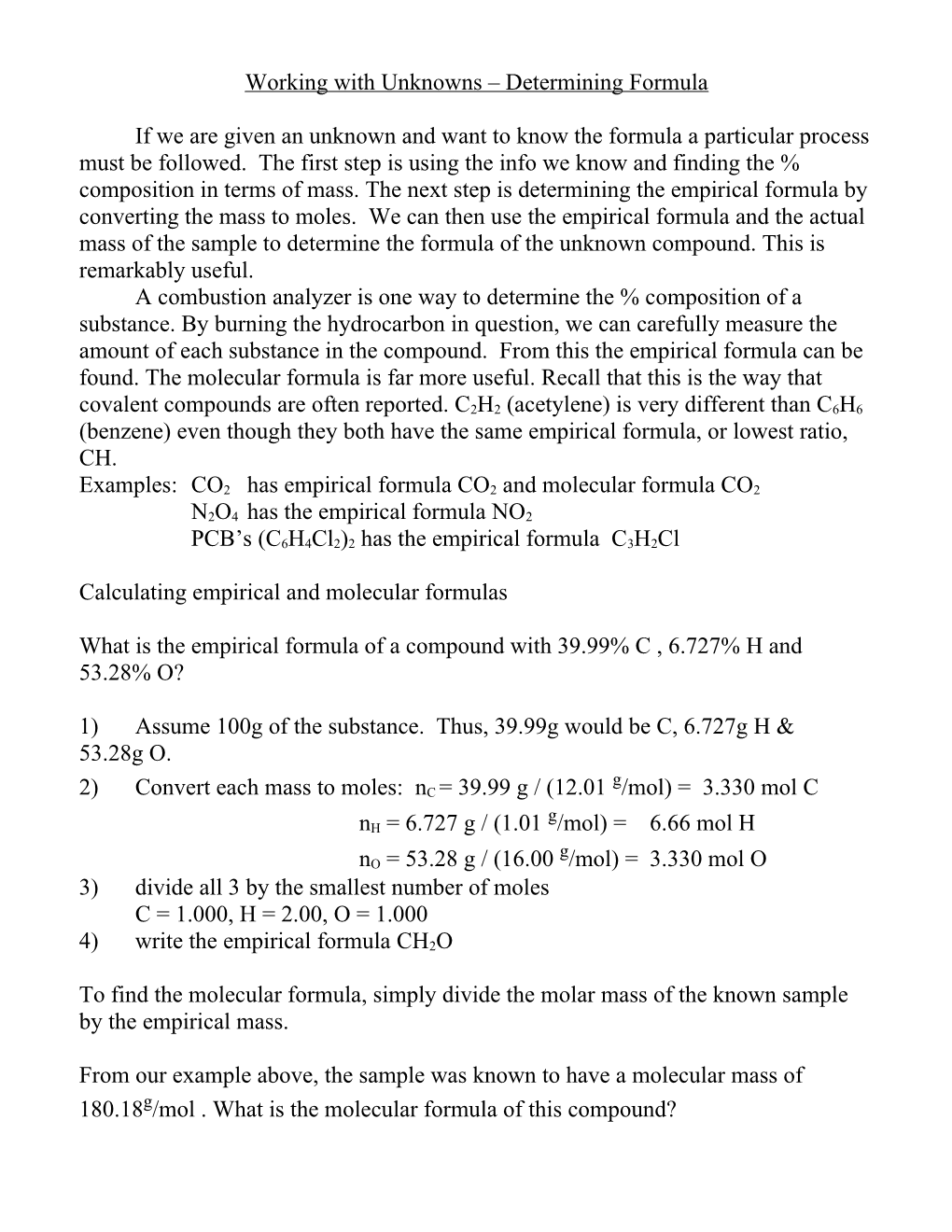 Working with Unknowns Determining Formula