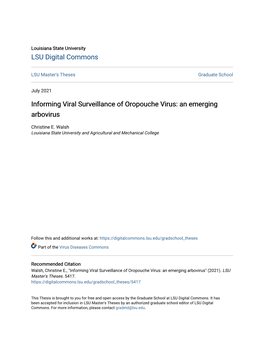Informing Viral Surveillance of Oropouche Virus: an Emerging Arbovirus