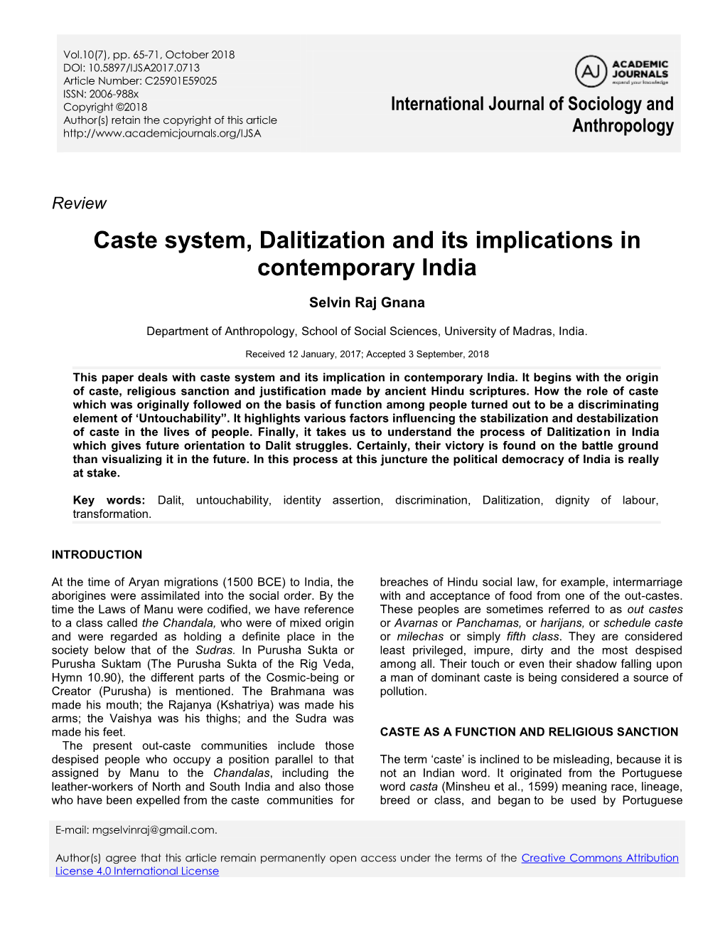 Caste System, Dalitization and Its Implications in Contemporary India
