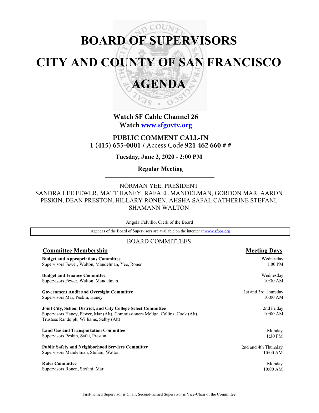 Board of Supervisors City and County of San Francisco Agenda