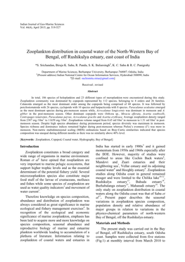 Zooplankton Distribution in Coastal Water of the North-Western Bay of Bengal, Off Rushikulya Estuary, East Coast of India