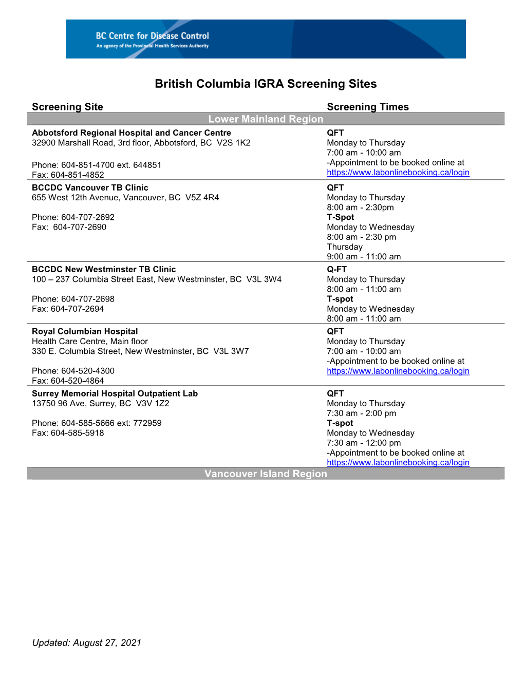 British Columbia IGRA Screening Sites