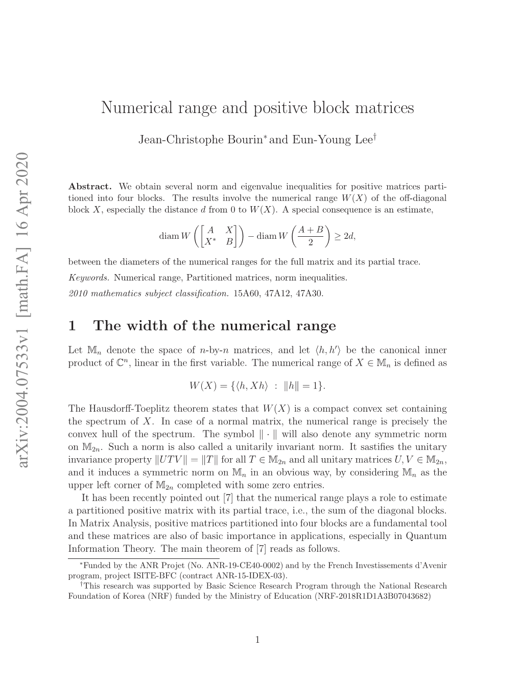 Numerical Range and Positive Block Matrices