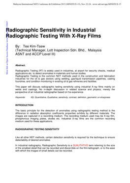 Radiographic Sensitivity in Industrial Radiographic Testing with X-Ray Films