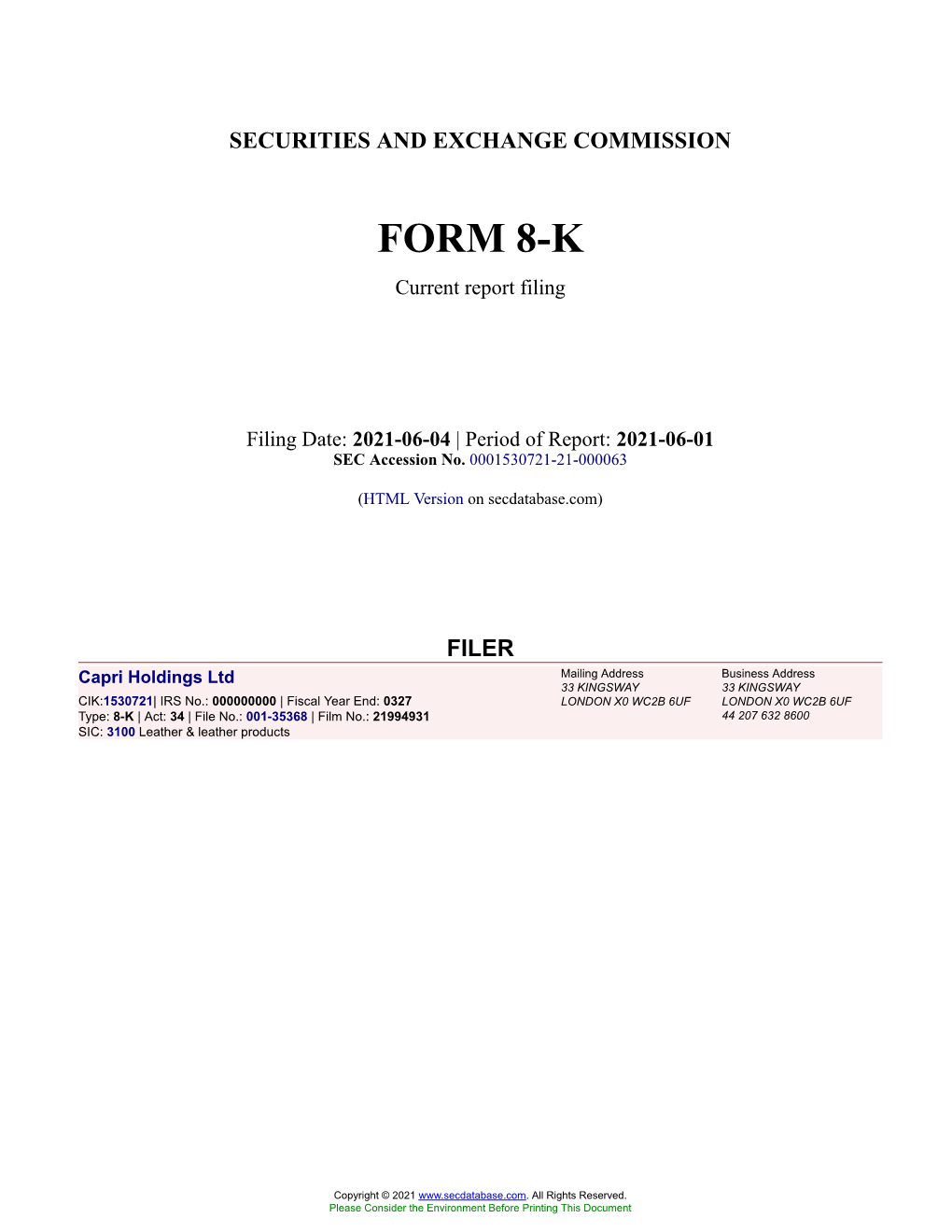Capri Holdings Ltd Form 8-K Current Event Report Filed 2021-06-04