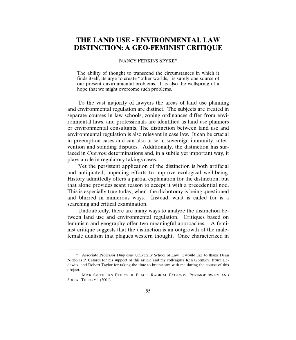 The Land Use Environmental Law Distinction: a Geo-Feminist Critique