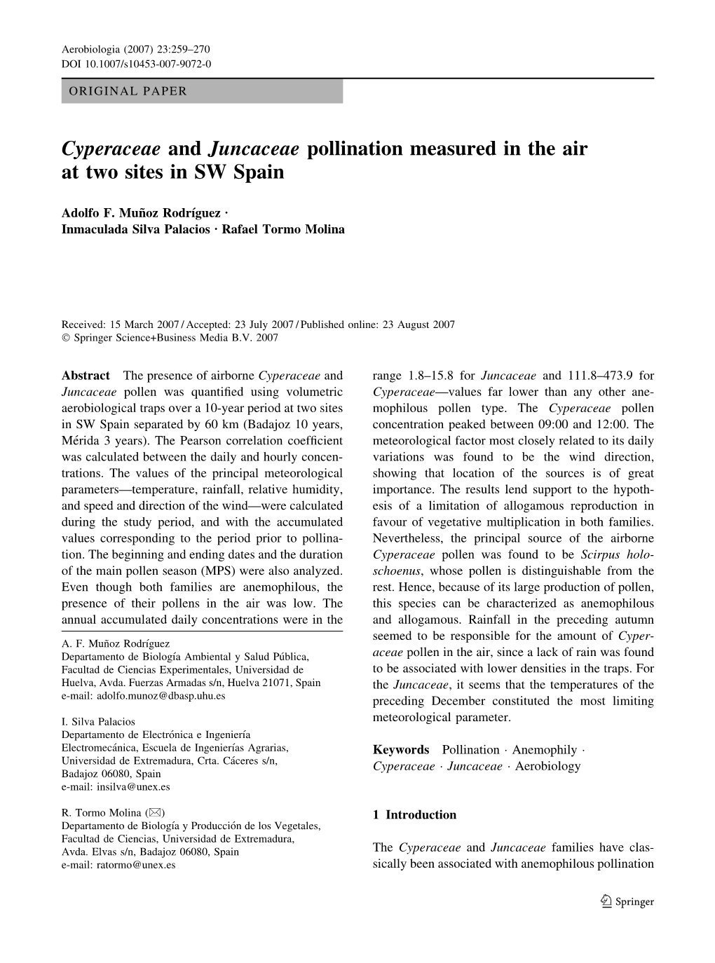 Cyperaceae and Juncaceae Pollination Measured in the Air at Two Sites in SW Spain