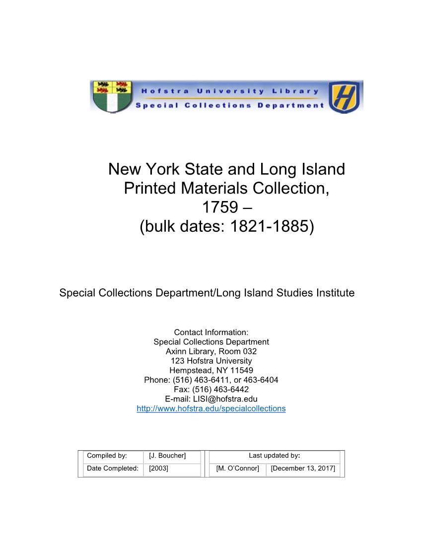 New York State and Long Island Printed Materials Collection, 1759 – (Bulk Dates: 1821-1885)