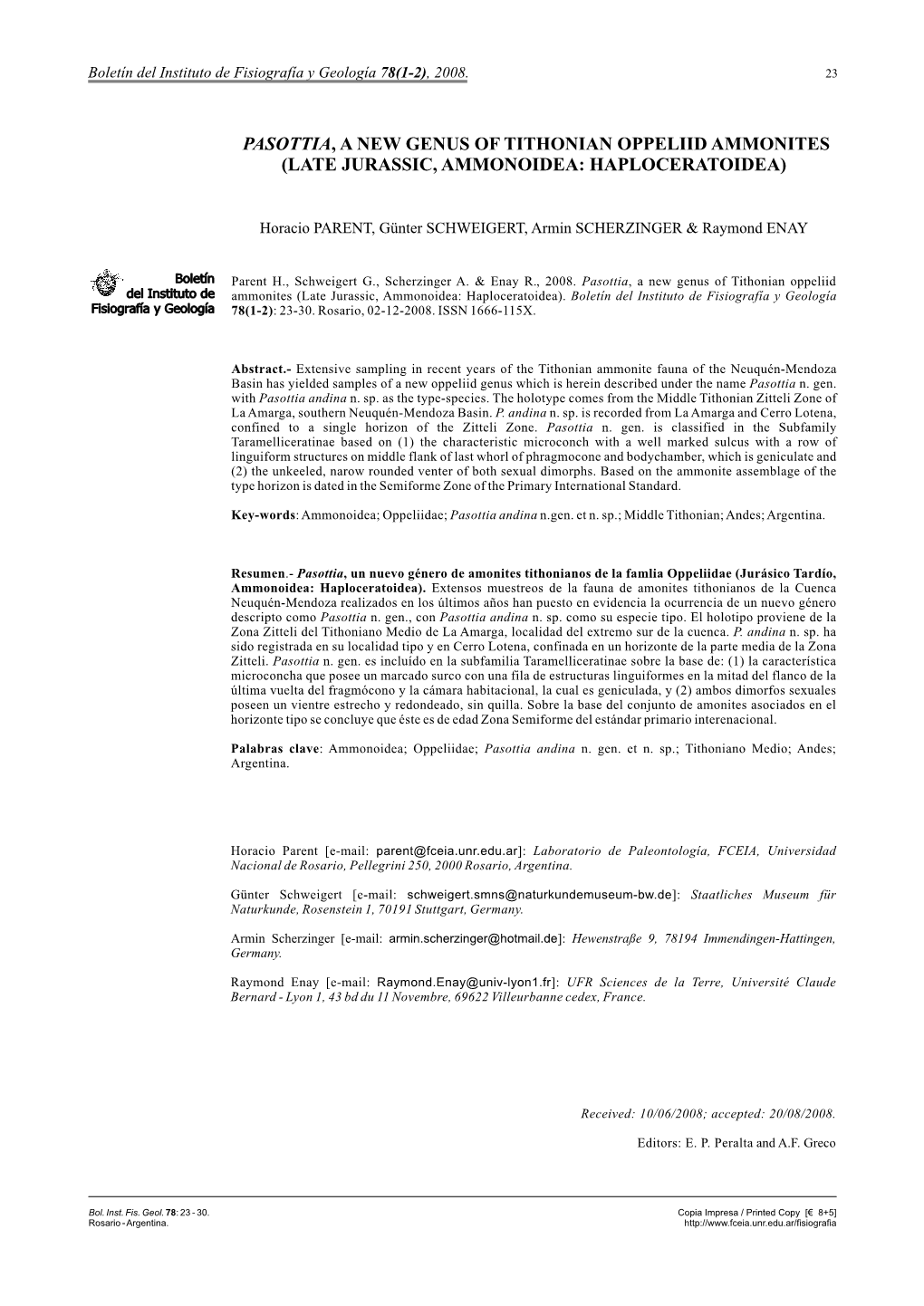 Pasottia, a New Genus of Tithonian Oppeliid Ammonites (Late Jurassic, Ammonoidea: Haploceratoidea)