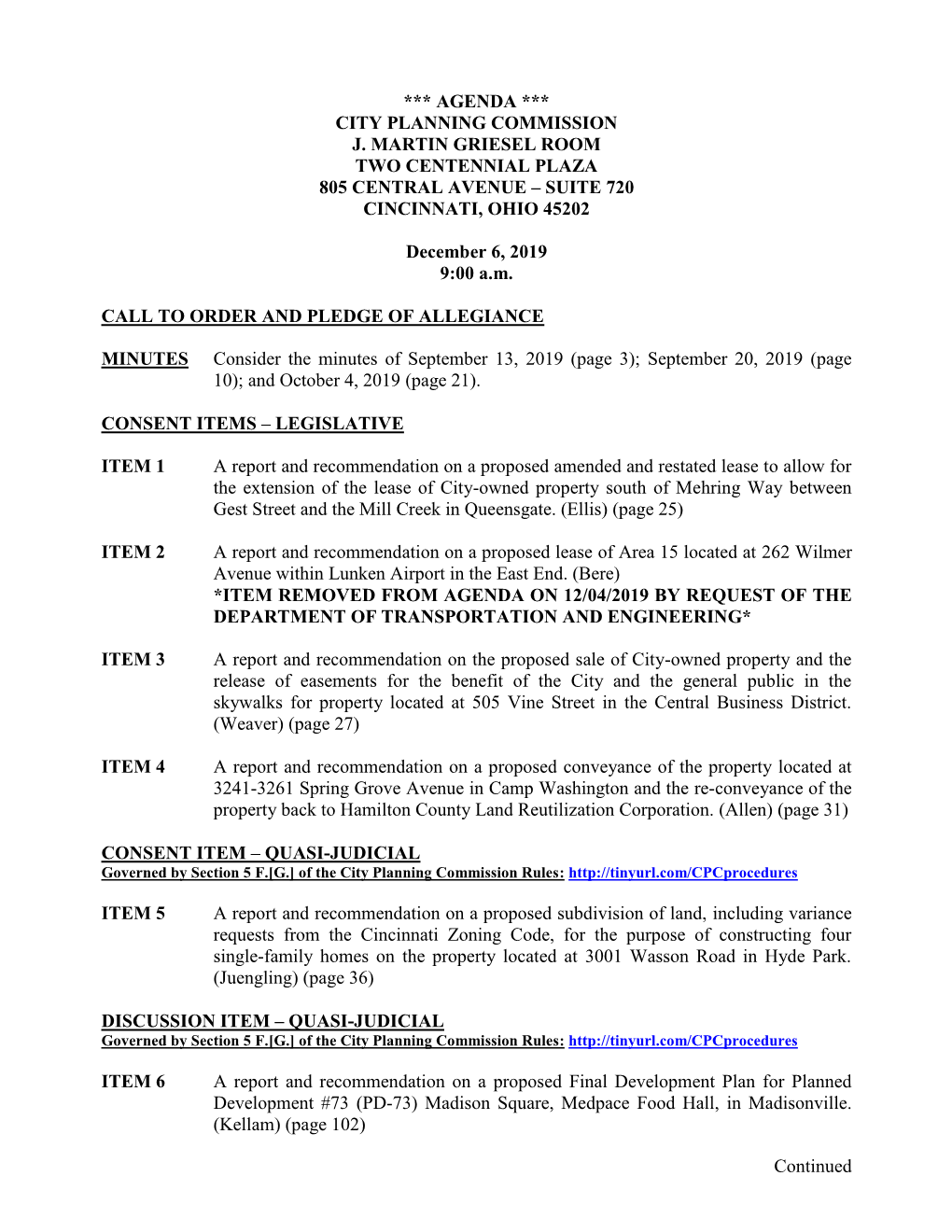 Continued *** AGENDA *** CITY PLANNING COMMISSION J