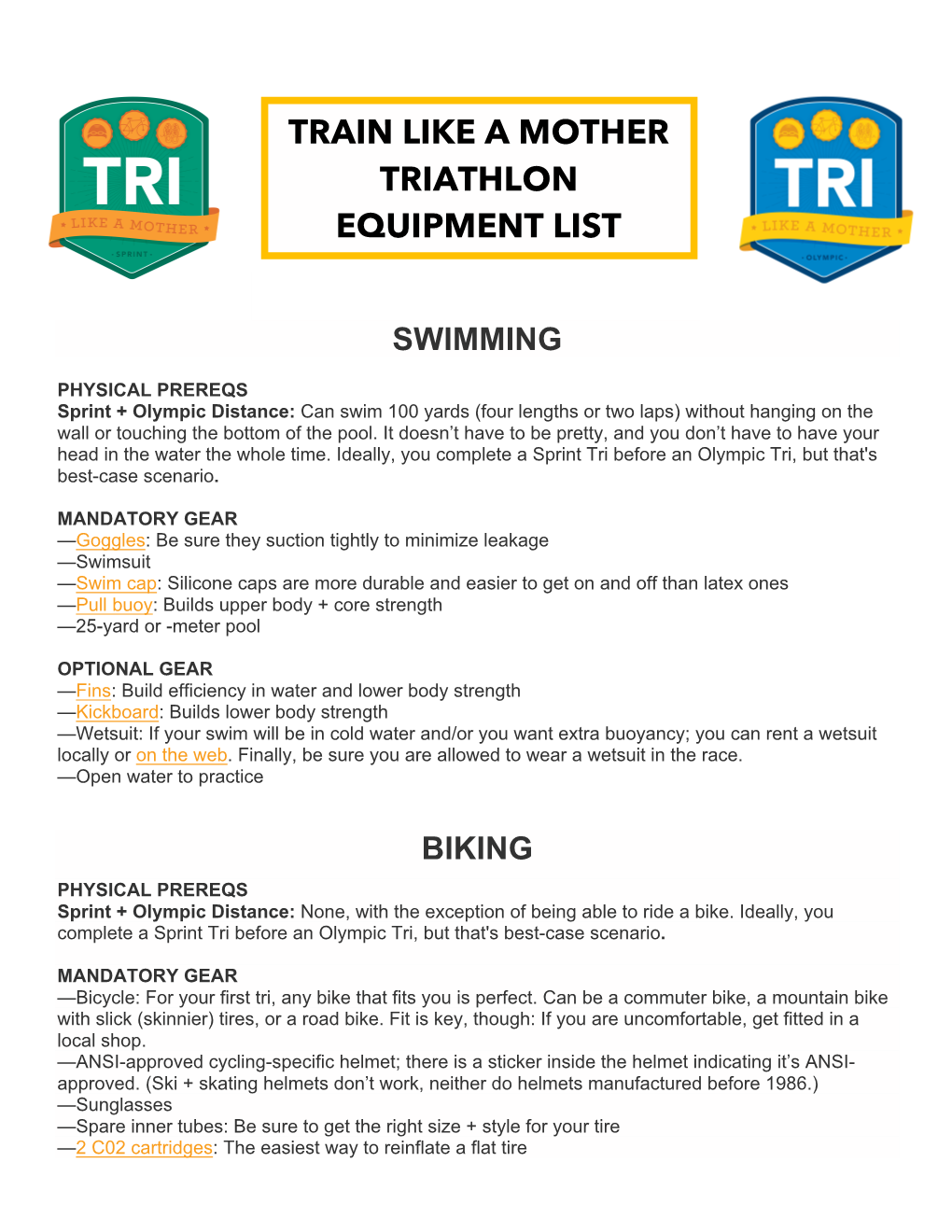 Train Like a Mother Triathlon Equipment List