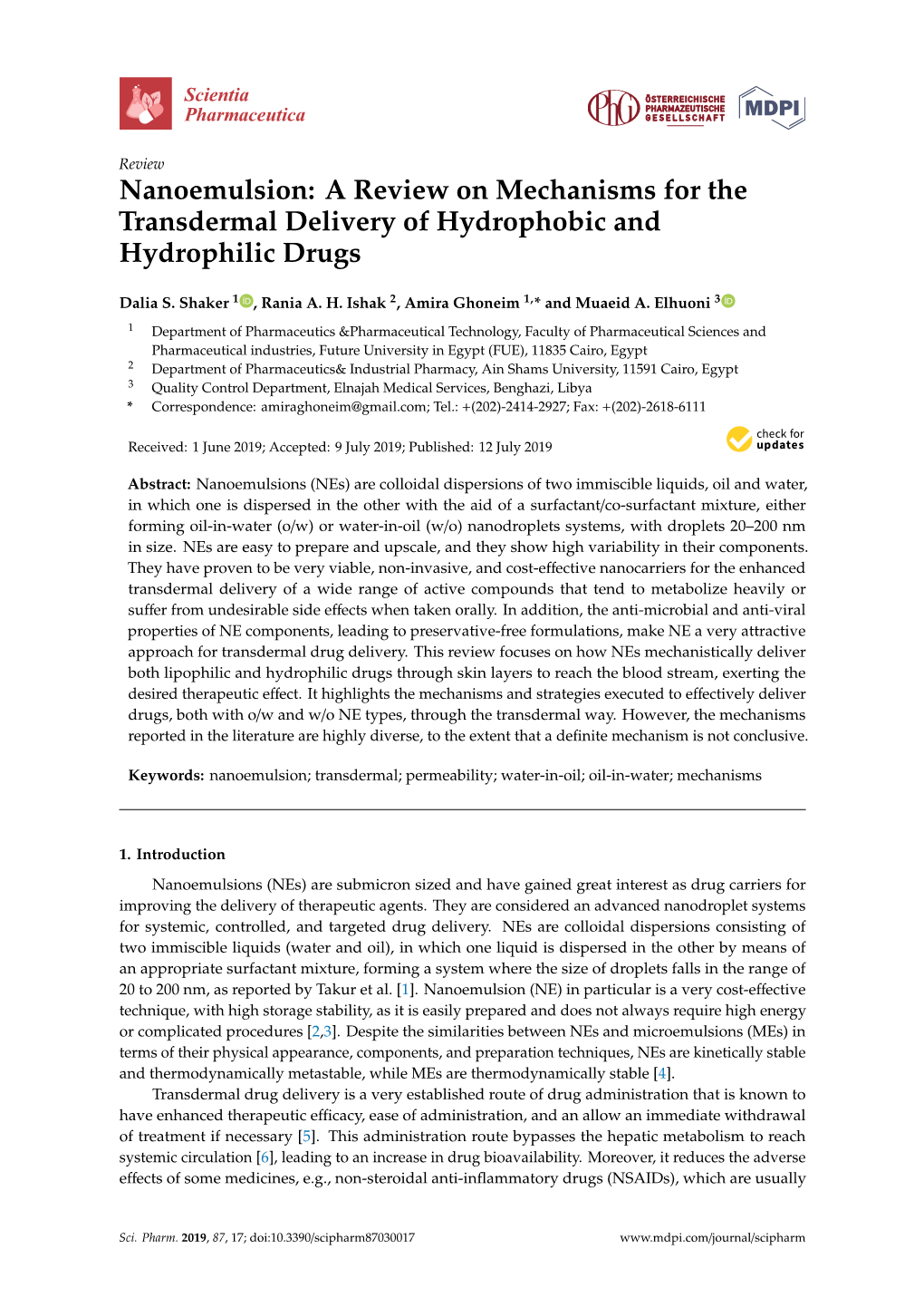 Nanoemulsion: a Review on Mechanisms for the Transdermal Delivery of Hydrophobic and Hydrophilic Drugs