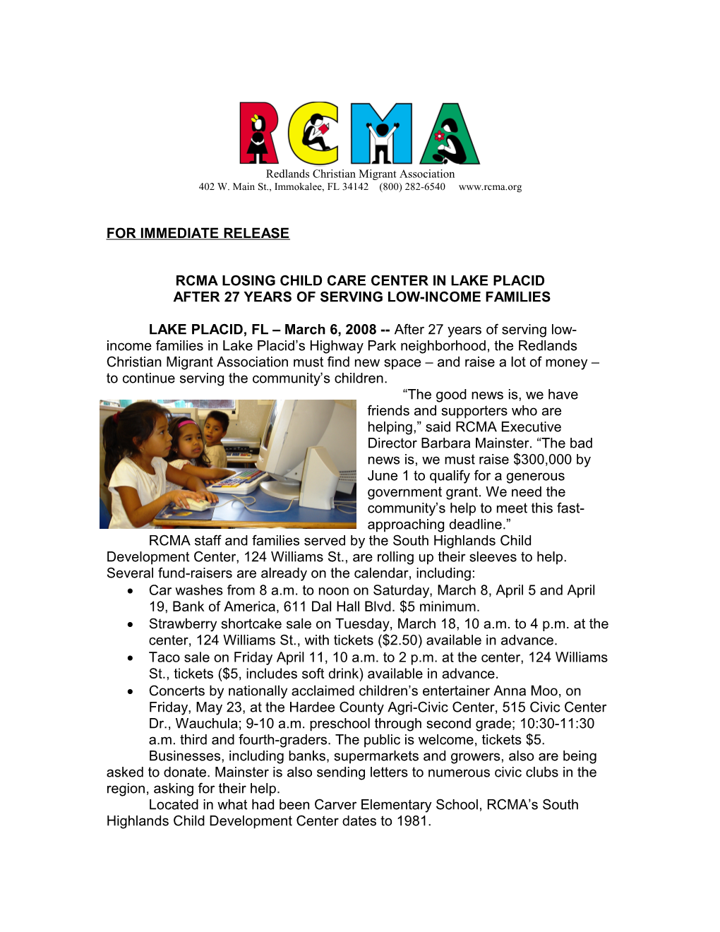 Rcma Losing Child Care Center in Highway Park After Xx Years