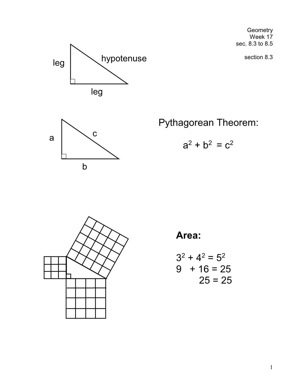 Pythagorean Theorem: A2 + B2 = C2 Area: 32 + 42 = 52 9 + 16 = 25 25