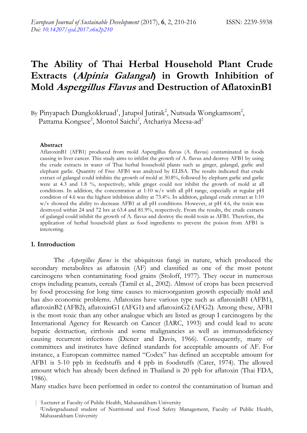 (Alpinia Galangal) in Growth Inhibition of Mold Aspergillus Flavus and Destruction of Aflatoxinb1