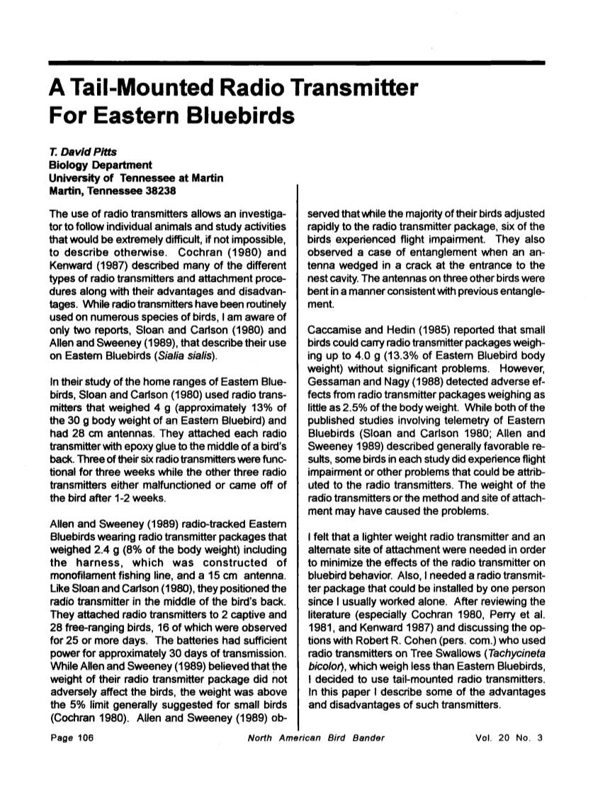 A Tail-Mounted Radio Transmitter for Eastern Bluebirds