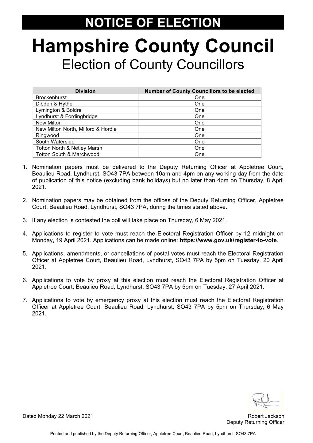 Hampshire County Council Election of County Councillors