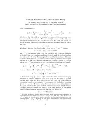 Introduction to Analytic Number Theory the Riemann Zeta Function and Its Functional Equation (And a Review of the Gamma Function and Poisson Summation)