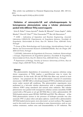 Oxidation of Microcystin-LR and Cylindrospermopsin by Heterogeneous Photocatalysis Using a Tubular Photoreactor Packed with Different Tio2 Coated Supports Lívia X