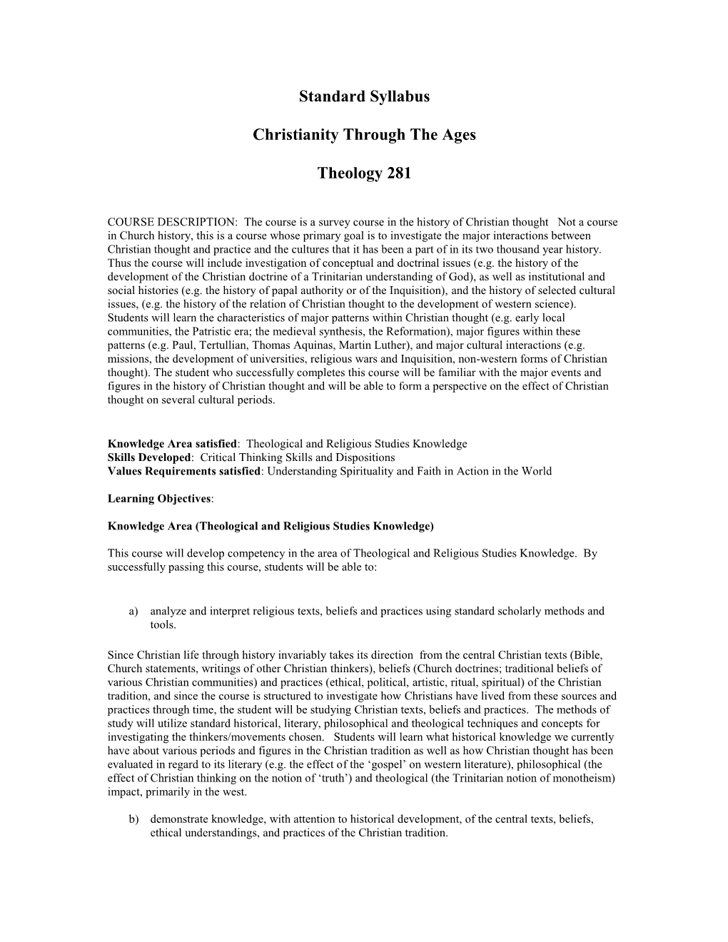 Standard Syllabus Christianity Through the Ages Theology