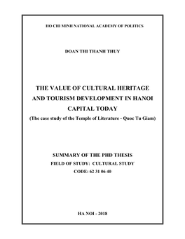 THE VALUE of CULTURAL HERITAGE and TOURISM DEVELOPMENT in HANOI CAPITAL TODAY (The Case Study of the Temple of Literature - Quoc Tu Giam)