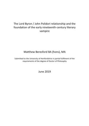 The Lord Byron / John Polidori Relationship and the Foundation of the Early Nineteenth-Century Literary Vampire