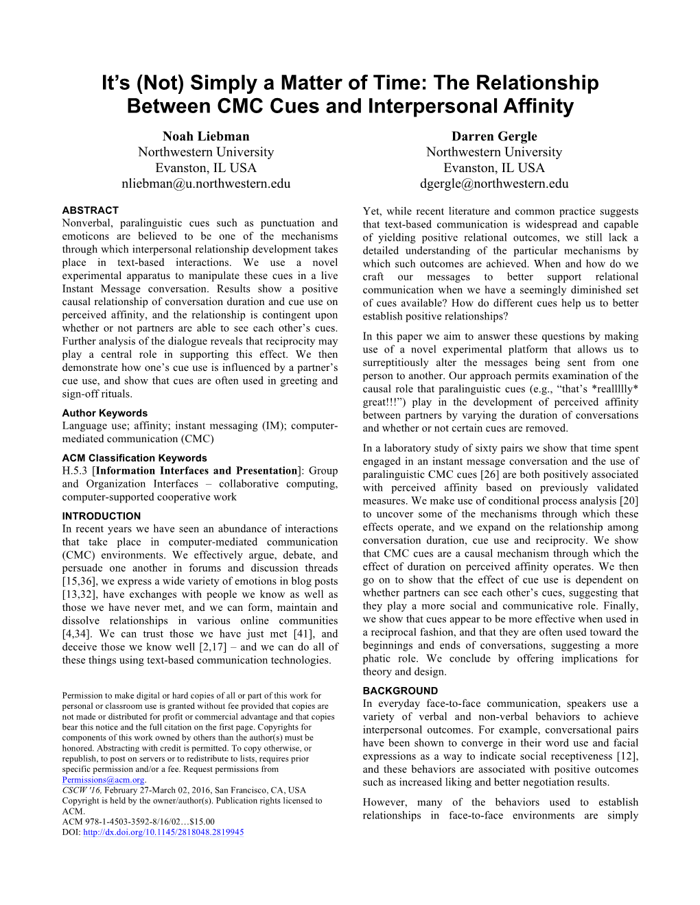 The Relationship Between CMC Cues and Interpersonal Affinity