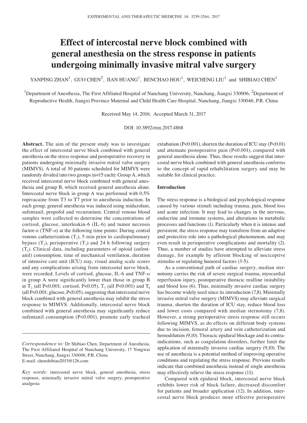Effect of Intercostal Nerve Block Combined with General Anesthesia on the Stress Response in Patients Undergoing Minimally Invasive Mitral Valve Surgery