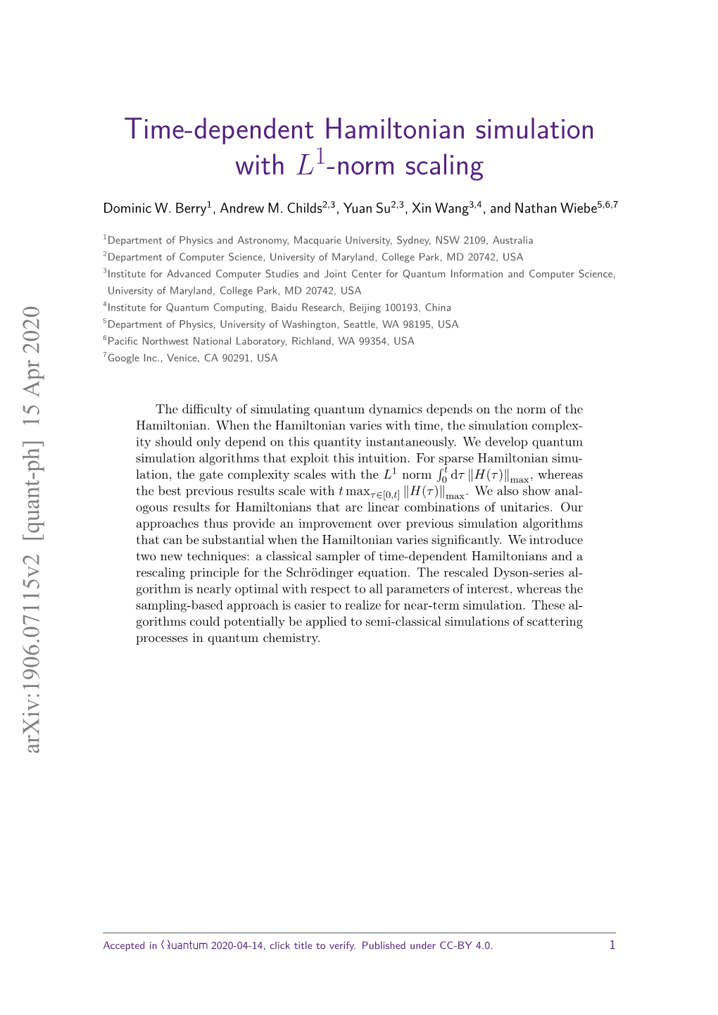 Time-Dependent Hamiltonian Simulation with L1-Norm Scaling