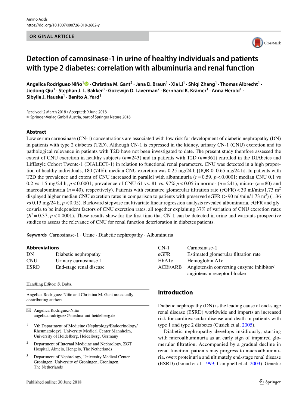 Detection of Carnosinase-1 in Urine of Healthy Individuals and Patients with Type 2 Diabetes:…