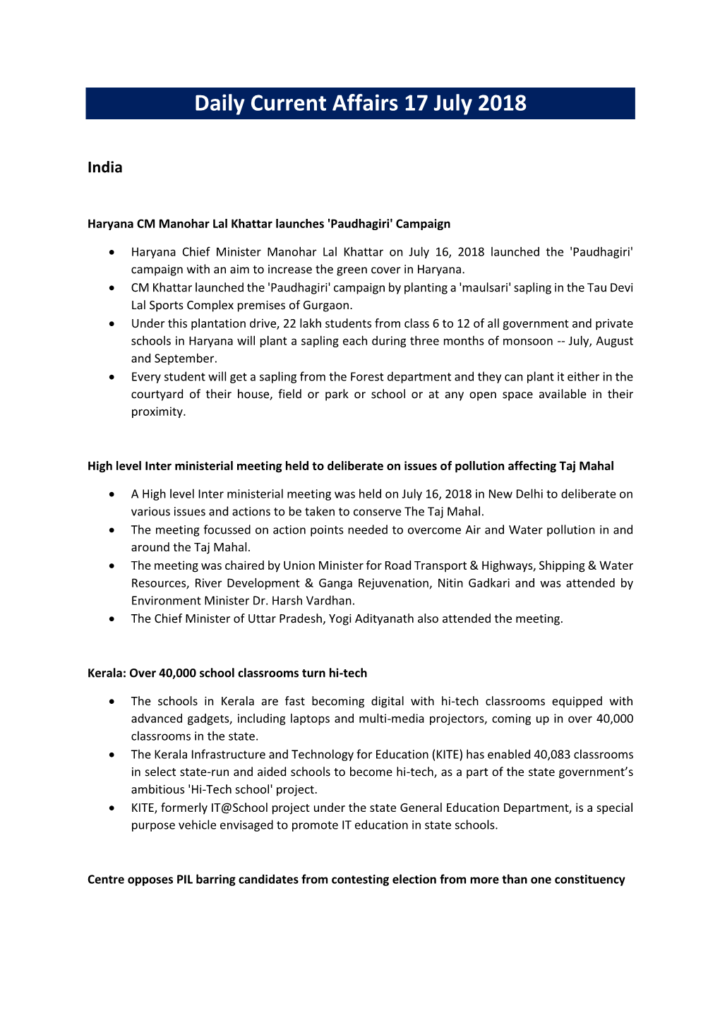 Daily Current Affairs 17 July 2018