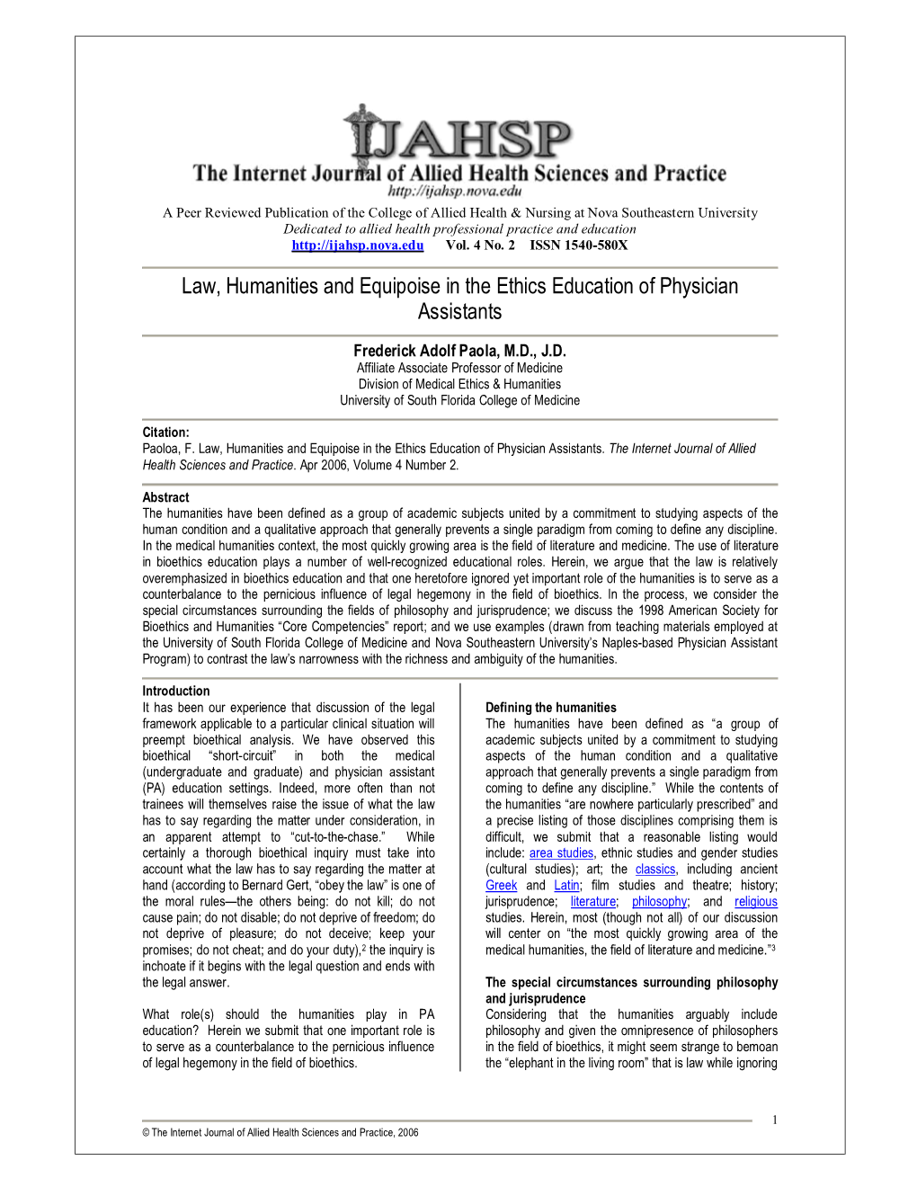 Law, Humanities and Equipoise in the Ethics Education of Physician Assistants