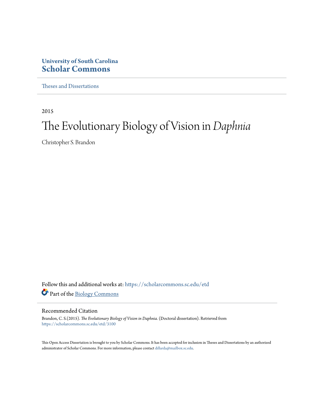 The Evolutionary Biology of Vision in &lt;I&gt;Daphnia&lt;/I&gt;